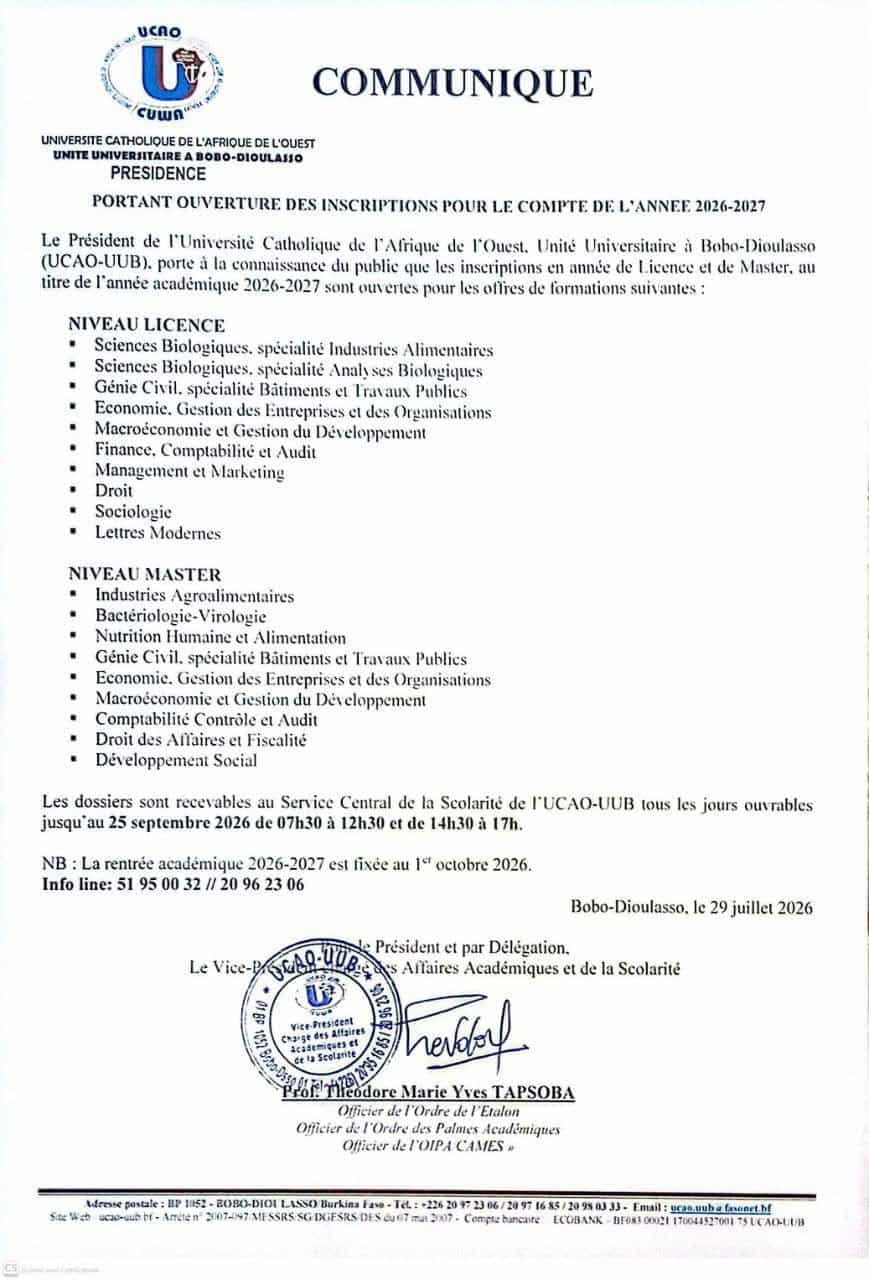 Communiqué portant ouverture des inscriptions pour l’année académique 2026-2027